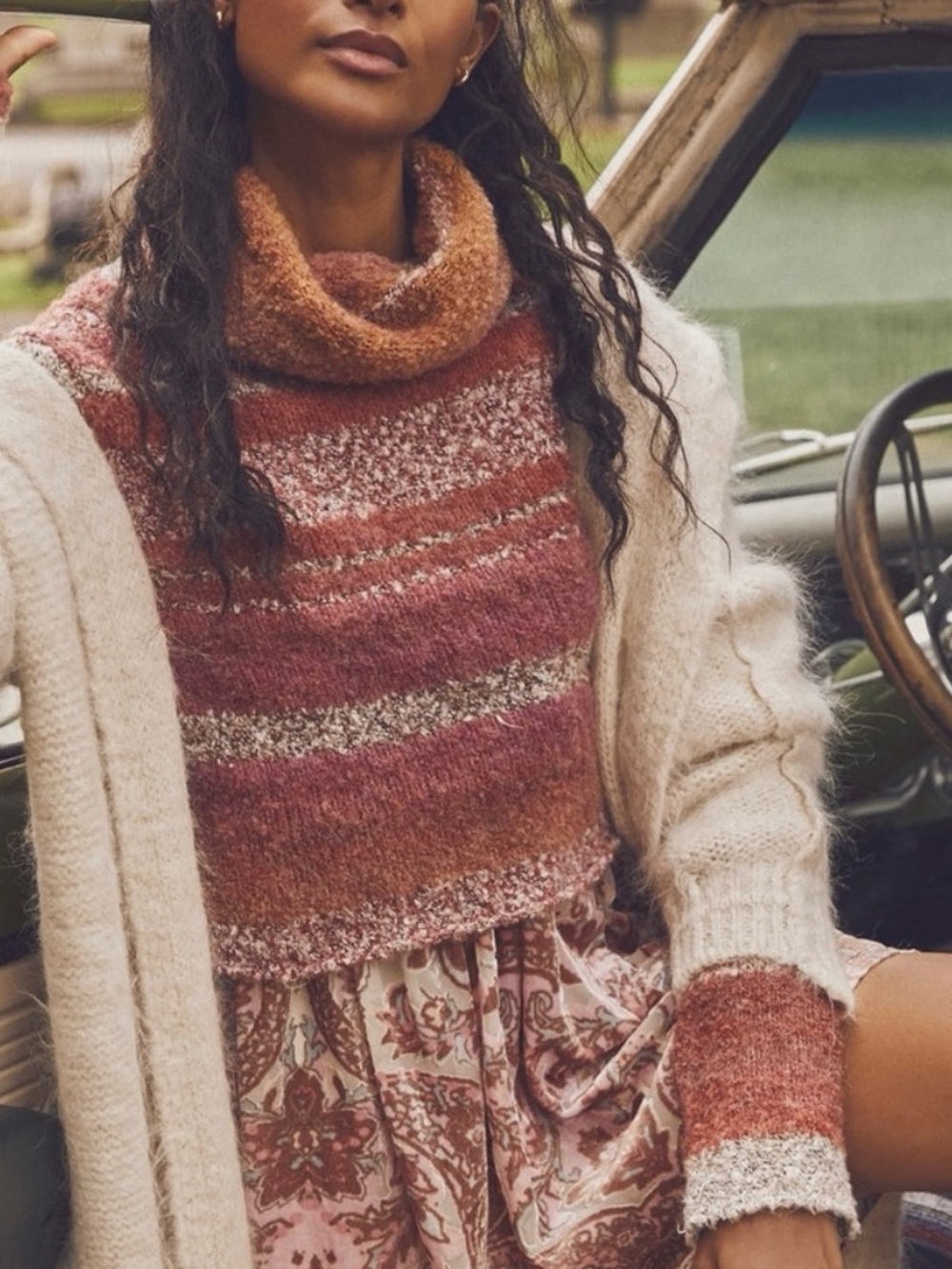 Free People My Girl Striped Boucle Cropped Turtleneck Sweater Multicolor XS
